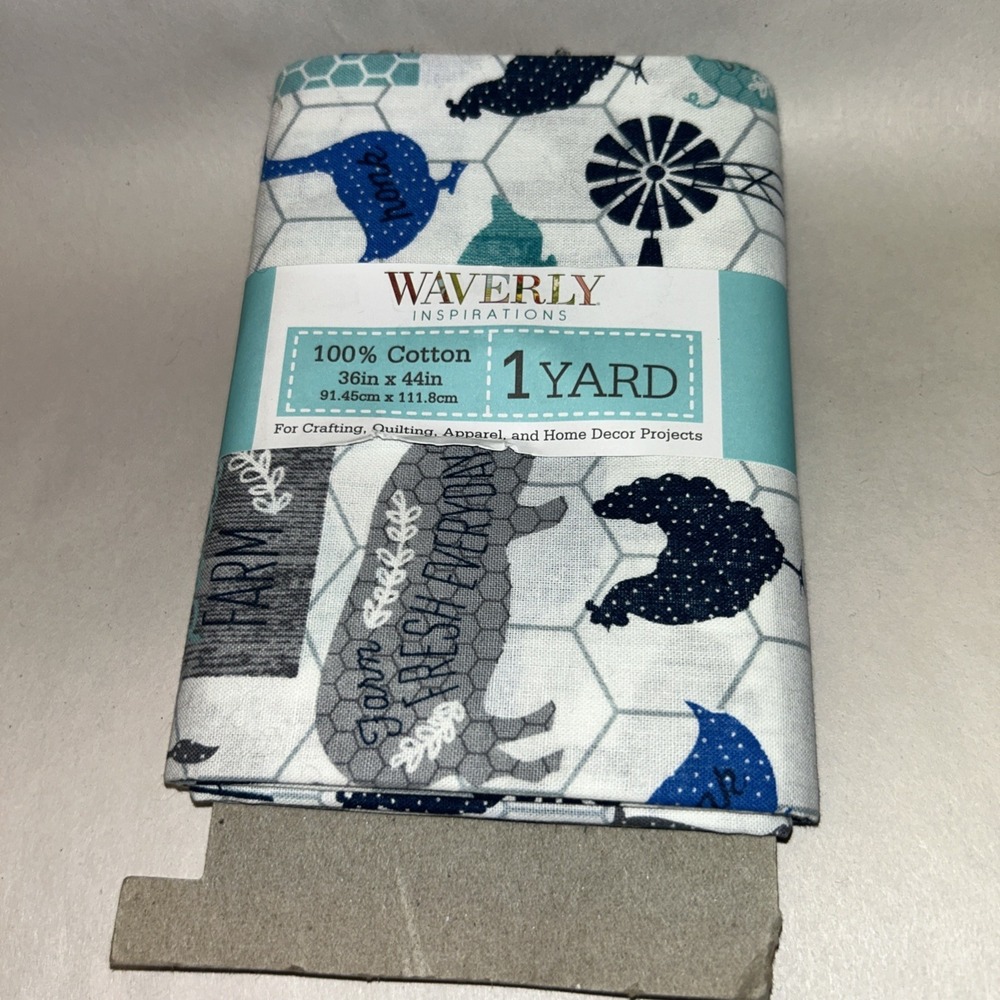 Fabric 1yd Waverly Cotton Farm Animals Blue Teal Chicken Sewing Quilting Crafts